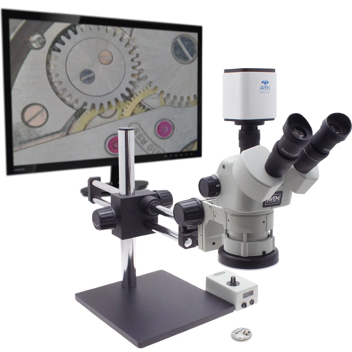 Stereo Zoom Trinocular Microscope SPZV-50 [6.7x - 50x] with Mighty Cam Pro Auto Focus on Double Arm Boom Stand
