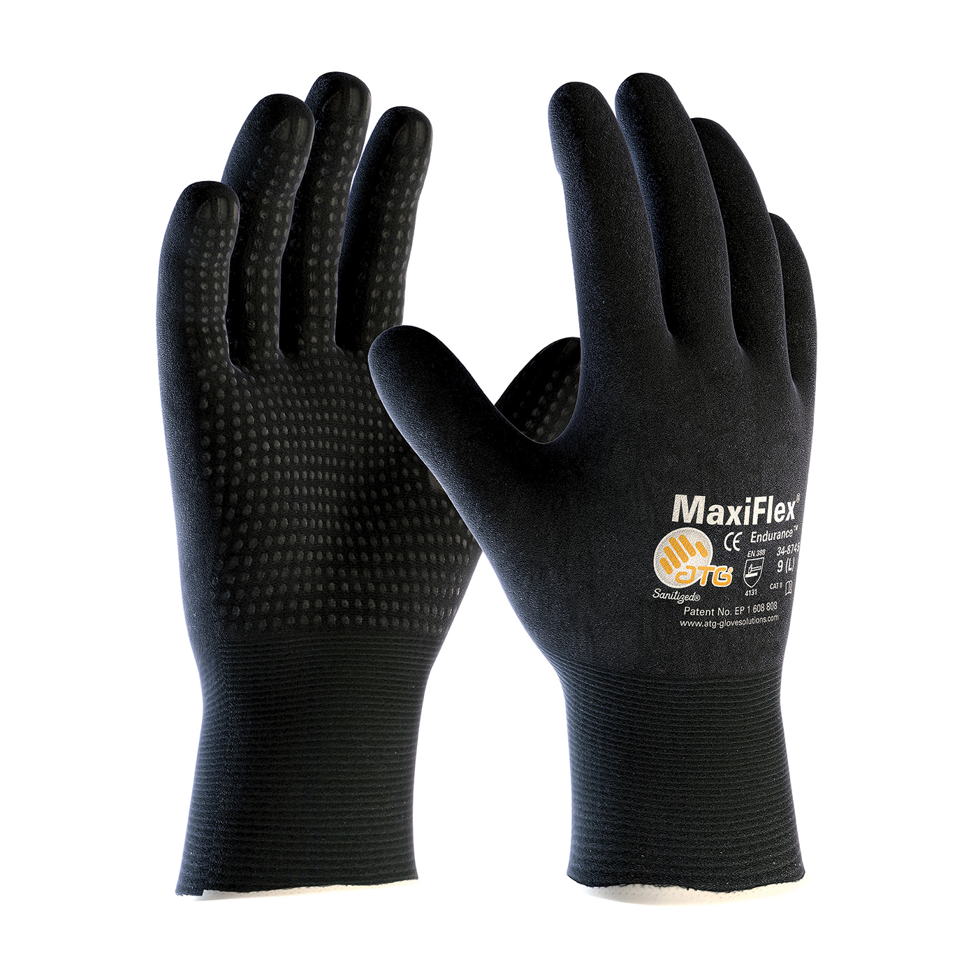 ATG® MaxiFlex® Endurance™ 34-8745/M General Purpose Gloves, Coated, M, Microfoam Nitrile Palm, 15 ga Nylon, Black, Knit Wrist Cuff, Microfoam Nitrile Coating, Resists: Abrasion, Cut, Puncture and Tear, Nylon/Lycra® Lining, Seamless Knit