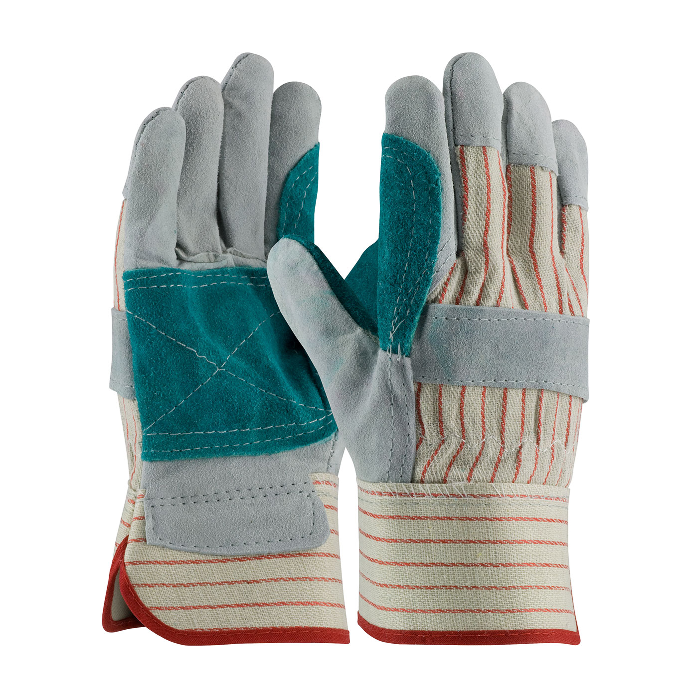 PIP® 85-7512J/XL Economy 85-7512J B/C-Grade Double Palm General Purpose Gloves, Leather Palm, Full Finger/Gunn Cut/Wing Thumb Style, XL, Shoulder Split Cowhide Leather Palm, Shoulder Split Cowhide Leather, Gray/Green/Red, Rubberized Safety Cuff