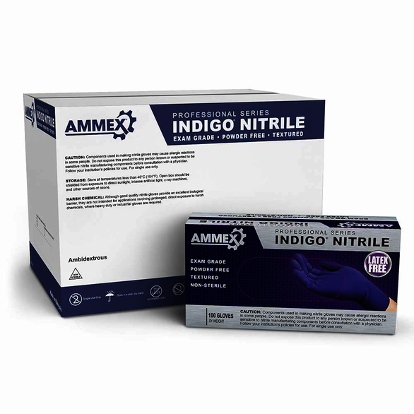 AMMEX Medical Indigo Nitrile Gloves, Case of 1000, 4 mil, Size Large, Latex Free, Powder Free, Textured, Disposable, Non-Sterile, AINPF46100