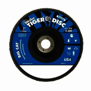 Big Cat 50823 High Density Premium Coated Abrasive Flap Disc, 7 in Dia, 7/8 in Center Hole, 40 Grit, Coarse Grade, Zirconia Alumina Abrasive, Type 27/Flat Disc
