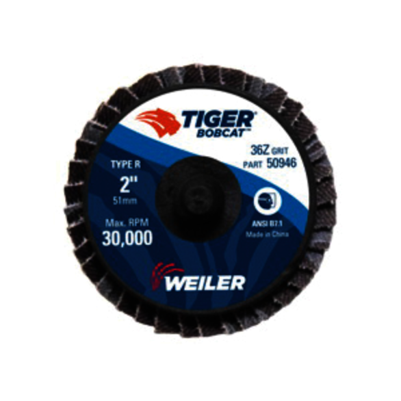 BobCat 50946 Type R Close Mini Standard Density Coated Abrasive Flap Disc, 2 in Dia, 36 Grit, Coarse Grade, Zirconia Alumina Abrasive, Type 29/Conical Disc