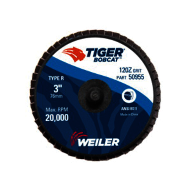 BobCat 50955 Type R Close Mini Standard Density Coated Abrasive Flap Disc, 3 in Dia, 120 Grit, Fine Grade, Zirconia Alumina Abrasive, Type 29/Conical Disc