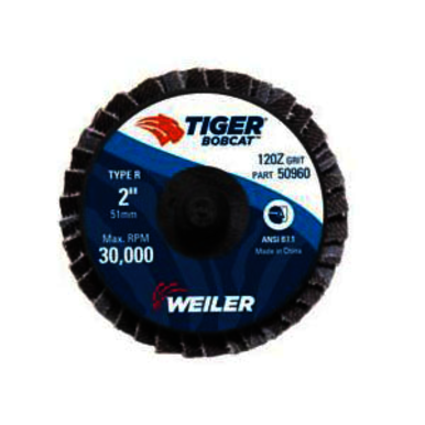 BobCat 50960 Type R Close Mini Standard Density Coated Abrasive Flap Disc, 2 in Dia, 120 Grit, Fine Grade, Zirconia Alumina Abrasive, Type 29/Conical Disc