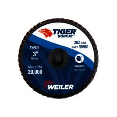 BobCat 50961 Type R Close Mini Standard Density Coated Abrasive Flap Disc, 3 in Dia, 36 Grit, Coarse Grade, Zirconia Alumina Abrasive, Type 27/Flat Disc