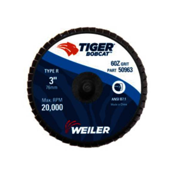 BobCat 50963 Type R Close Mini Standard Density Coated Abrasive Flap Disc, 3 in Dia, 60 Grit, Medium Grade, Zirconia Alumina Abrasive, Type 27/Flat Disc