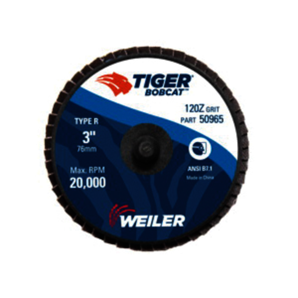 BobCat 50965 Type R Close Mini Standard Density Coated Abrasive Flap Disc, 3 in Dia, 120 Grit, Fine Grade, Zirconia Alumina Abrasive, Type 27/Flat Disc