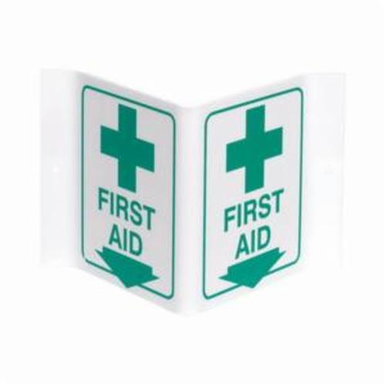 Brady Prinzing V1FA03A V-Style First Aid Sign, 6 in H x 9 in W, Green on White, V-Shaped Projecting Mount, Acrylic