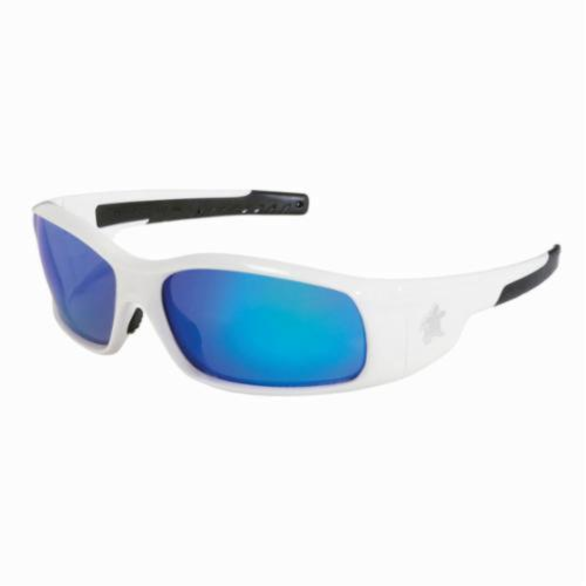 Crews SR128B Swagger® Safety Glasses, Duramass® Hard Coat Blue Diamond Mirror Lens, Full Framed Polished White Polycarbonate Frame, Polycarbonate Lens, Specifications Met: ANSI Z87+