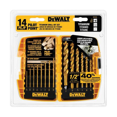 DeWALT® DW1354 General Purpose Drill Bit Set, 14 Pieces, Pilot Point, Straight Shank, Metal, Titanium Coated