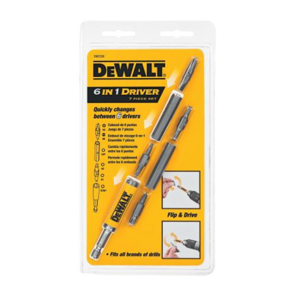 DeWALT® DW2336 6 in 1 Drive Set, 7 Pieces, 1/4 in Hex Shank, Steel