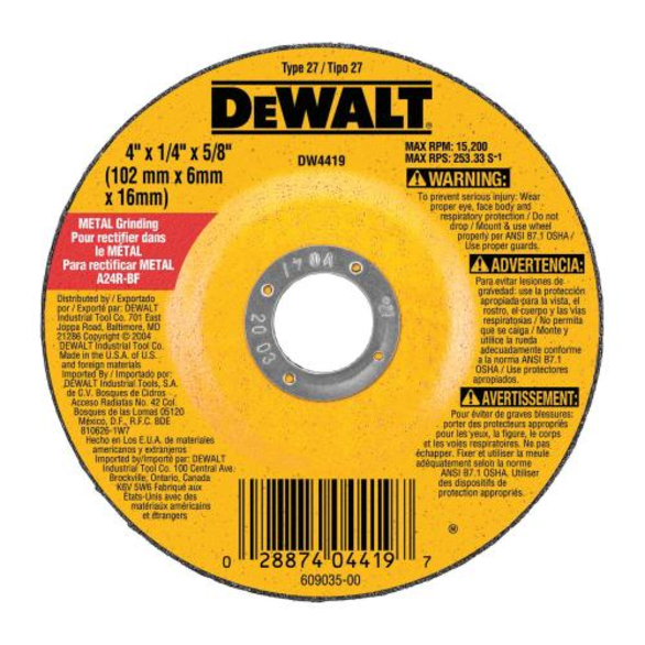 DeWALT® HP™ DW4419 Depressed Center Wheel, 4 in Dia x 1/4 in THK, 5/8 in Center Hole, A24R Grit, Aluminum Oxide Abrasive