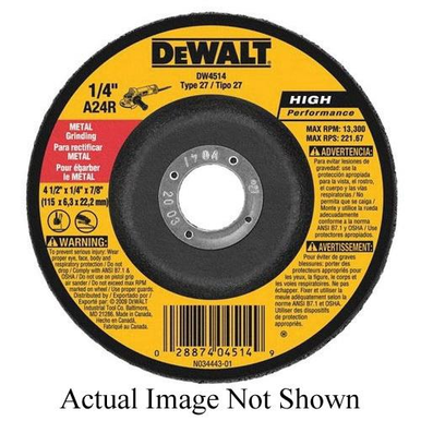 DeWALT® HP™ DW4514 Flat Depressed Center Wheel, 4-1/2 in Dia x 1/4 in THK, 7/8 in Center Hole, 24 Grit, Aluminum Oxide Abrasive
