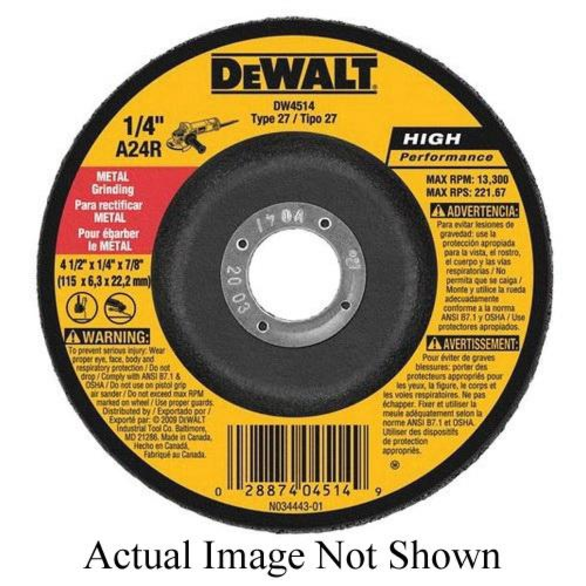 DeWALT® HP™ DW4514 Flat Depressed Center Wheel, 4-1/2 in Dia x 1/4 in THK, 7/8 in Center Hole, 24 Grit, Aluminum Oxide Abrasive