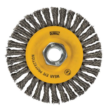 DeWALT® HP™ DW49204B Wheel Brush, 4 in Dia, 3/8 in W Face, 0.02 in Dia Stringer Bead Knot Filament/Wire, 5/8-11 Arbor Hole
