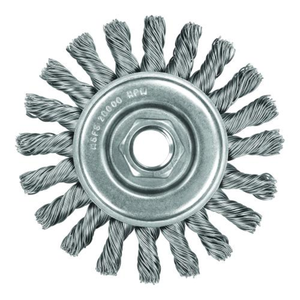 DeWALT® XP™ DW49253 Wheel Brush, 4 in Dia, 1/2 in W Face, 0.02 in Dia Full Cable Twist Knot Filament/Wire, 5/8-11 Arbor Hole