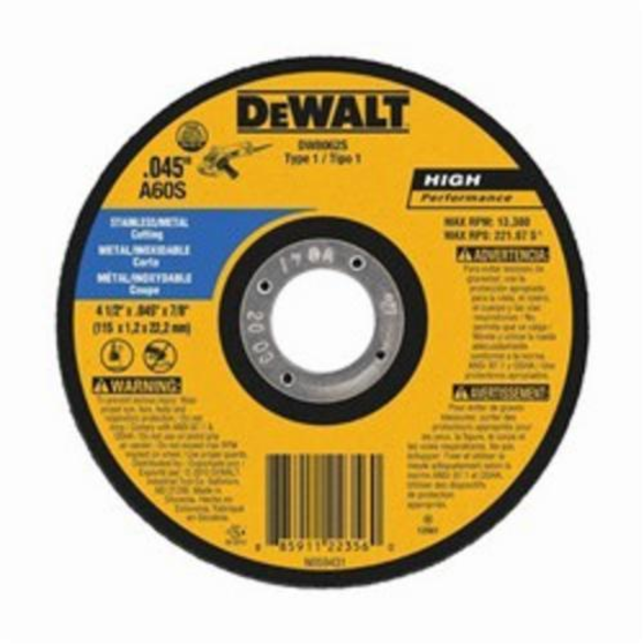 DeWALT® HP™ DW8062S Contaminant-Free Thin Cut-Off Wheel, 4-1/2 in Dia x 0.045 in THK, 7/8 in Center Hole, 60 Grit, Aluminum Oxide Abrasive