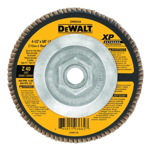 DeWALT® XP™ DW8254 Contaminant-Free Extended Performance High Density Coated Abrasive Flap Disc, 4-1/2 in Dia, 40 Grit, Coarse Grade, Zirconia Alumina Abrasive, Type 27 Disc