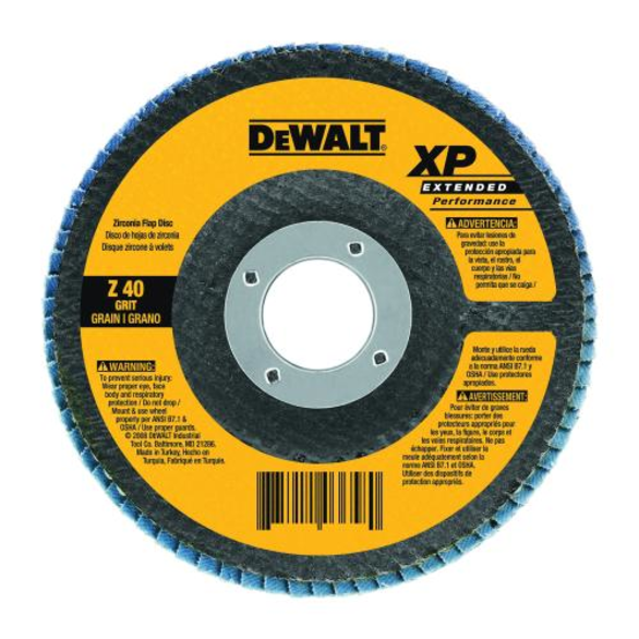 DeWALT® XP™ DW8256 Contaminant-Free Extended Performance High Density Coated Abrasive Flap Disc, 4-1/2 in Dia, 80 Grit, Medium Grade, Zirconia Alumina Abrasive, Type 27 Disc