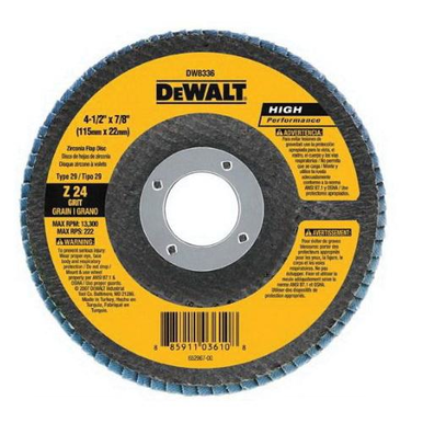 DeWALT® HP™ DW8306 Contaminant-Free Heavy Duty Coated Flap Disc, 4-1/2 in Dia, 7/8 in Center Hole, 36 Grit, Very Coarse Grade, Zirconia Alumina Abrasive, Type 29 Disc