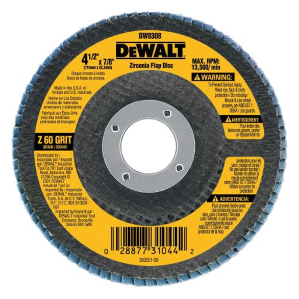 DeWALT® HP™ DW8308 Contaminant-Free Heavy Duty Coated Flap Disc, 4-1/2 in Dia, 7/8 in Center Hole, 60 Grit, Medium Grade, Zirconia Alumina Abrasive, Type 29 Disc
