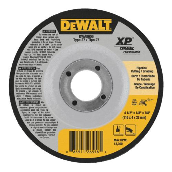 DeWALT® XP™ DWA8906 Depressed Center Wheel, 4-1/2 in Dia x 1/8 in THK, 7/8 in Center Hole, SG24N Grit, Ceramic Abrasive