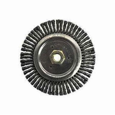 Dually 79805 Narrow Face Root Pass Wheel Brush With Nut, 6 in Dia Brush, 3/16 in W Face, 0.02 in Dia Stringer Bead Knot Filament/Wire, 5/8-11 Arbor Hole