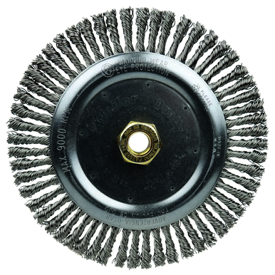 Dually 79810 Root Pass Weld Cleaning Brush, 7 in Dia Brush, 3/16 in W Face, 0.02 in Dia Stringer Bead Knot Filament/Wire, 5/8-11 UNC Arbor Hole