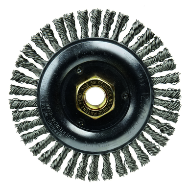 Dually 79812 Root Pass Weld Cleaning Brush, 5 in Dia Brush, 3/16 in W Face, 0.02 in Dia Stringer Bead Knot Filament/Wire, 5/8-11 UNC Arbor Hole
