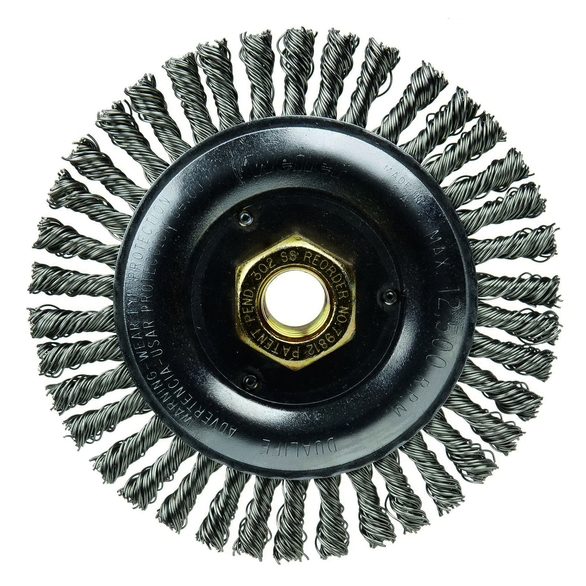 Dually 79812 Root Pass Weld Cleaning Brush, 5 in Dia Brush, 3/16 in W Face, 0.02 in Dia Stringer Bead Knot Filament/Wire, 5/8-11 UNC Arbor Hole