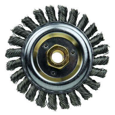 Dually 79813 Filler Pass Weld Cleaning Brush, 5 in Dia Brush, 1/2 in W Face, 0.023 in Dia Stringer Bead Knot Filament/Wire, 5/8-11 UNC Arbor Hole