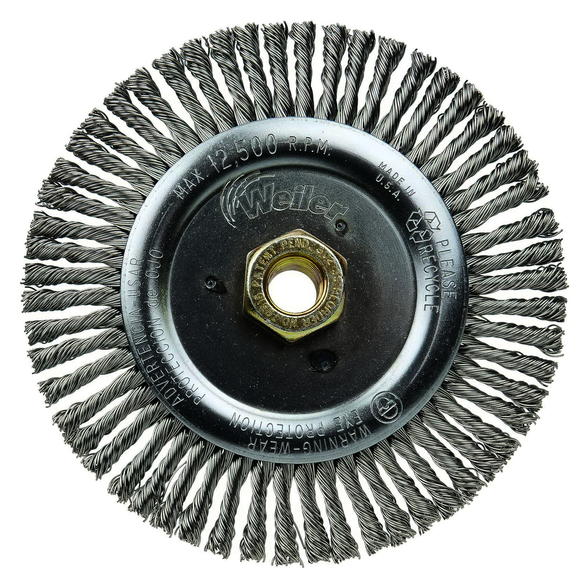 Dually 79815 Root Pass Weld Cleaning Brush, 6 in Dia Brush, 3/16 in W Face, 0.02 in Dia Stringer Bead Knot Filament/Wire, 5/8-11 UNC Arbor Hole