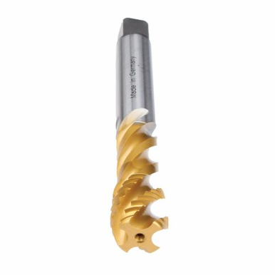Emuge C3600F01.0422 Enorm 2-Z-SPEED X-PM C3600F01 Form C Fast Reduced Shank Spiral Flute Tap, Right Hand Cutting, M20x1.5 Thread, 2-3 Modified Bottoming Plug Chamfer, Right Hand Flute Direction, 5 Flutes, TiN 60 Coated, HSS-E-PM