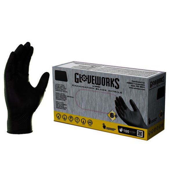 AMMEX Gloveworks Medical Black Nitrile Gloves, Case of 1000, 6 mil, Size Medium, Latex Free, Powder Free, Textured, Disposable, Non-Sterile, GWBEN44100