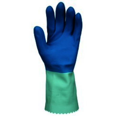 Industrial Grade Flock Lined Gloves, Blue Nitrile over Green Latex, 12 in L, 28 mil THK