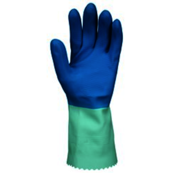 Industrial Grade Flock Lined Gloves, Blue Nitrile over Green Latex, 12 in L, 28 mil THK
