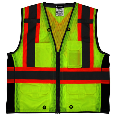 Hi-Vis Reflective Orange Safety Vest, Mesh Fabric with 3 in Lime Silver Stripes