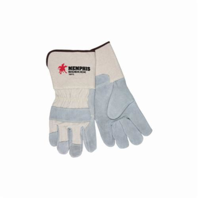 Memphis 16011L SideKick® 16011 General Purpose Gloves, Leather Palm, Gunn Cut/Standard Finger/Wing Thumb Style, L, Cowhide Leather Palm, Cotton Thread/Leather/Polyester, Black Logo/Gray/White Fabric, Gauntlet Cuff, Resists: Abrasion and Heat, Fleece Lining