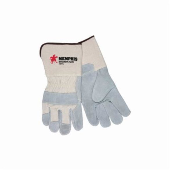 Memphis 16011L SideKick® 16011 General Purpose Gloves, Leather Palm, Gunn Cut/Standard Finger/Wing Thumb Style, L, Cowhide Leather Palm, Cotton Thread/Leather/Polyester, Black Logo/Gray/White Fabric, Gauntlet Cuff, Resists: Abrasion and Heat, Fleece Lining