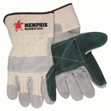 Memphis 16012XL SideKick® Double Palm General Purpose Gloves, Leather Palm, XL, Split Cowhide Leather Palm, Kevlar® Thread/Leather, Gray/Green Logo/White Fabric, Rubberized Safety Cuff, Resists: Heat and Puncture, Fleece Lining