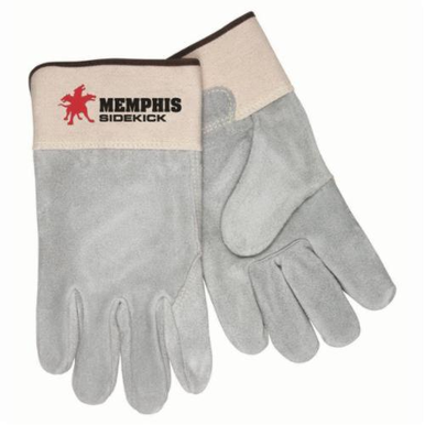 Memphis 16017XL SideKick® 16017 General Purpose Gloves, Leather Palm, Gunn Cut/Standard Finger/Wing Thumb Style, XL, Cowhide Leather Palm, Kevlar® Thread/Leather, Gray/Green Logo/White Fabric, Rubberized Safety Cuff, Resists: Heat, Fleece Lining