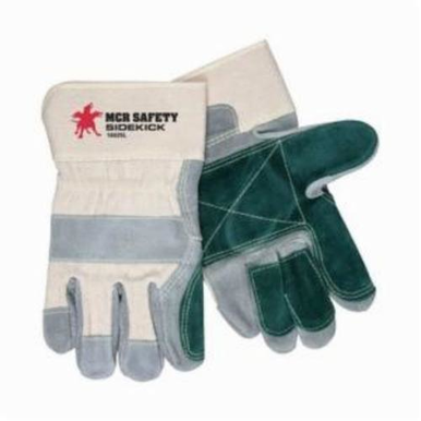 Memphis 16025L SideKick® Double Palm General Purpose Gloves, Leather Palm, L, Cowhide Leather Palm, Cowhide Leather, Gray/Green Logo/White Fabric, Rubberized Safety Cuff, Uncoated Coating, Resists: Heat, Fleece Lining