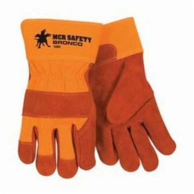 Memphis 1680 Bronco® General Purpose Gloves, Leather Palm, L, Cowhide Leather Palm, Cowhide Leather, Orange/Russet, Rubberized Safety Cuff, Uncoated Coating, Fleece Lining, Gunn Pattern/Standard Finger/Wing Thumb