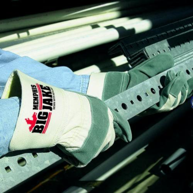 Memphis 1710L Big Jake® 1710 Premium Grade General Purpose Gloves, Leather Palm, Gunn Cut/Standard Finger/Wing Thumb Style, L, Cowhide Leather Palm, Cotton/Leather, Gray/White Fabric/Blue Logo, Gauntlet Cuff, Resists: Abrasion, Cut, Puncture and Tear