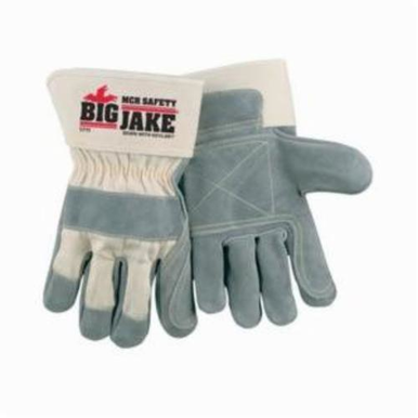 Memphis 1711 Big Jake® Double Palm Premium Grade General Purpose Gloves, Leather Palm, XL, Cowhide Leather Palm, Cowhide Leather, Gray/White, Rubberized Safety Cuff, Uncoated Coating, Resists: Abrasion, Cut, Tear, Puncture, Heat and Tear, Fleece Lining