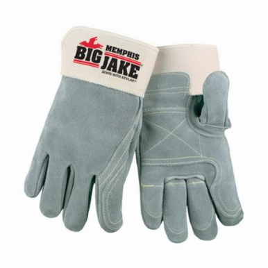 Memphis 1735XL Big Jake® Premium Grade General Purpose Gloves, Leather Palm, XL, Cowhide Leather Palm, Kevlar® Thread/Leather, Gray/White Fabric/Blue Logo, Rubberized Safety Cuff, Resists: Abrasion, Cut, Puncture and Tear, Fleece Lining