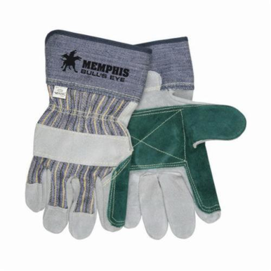 Memphis 1911L Bull's Eye® 1911 Premium Grade General Purpose Gloves, Leather Palm, Gunn Cut/Standard Finger/Wing Thumb Style, L, Cowhide Leather Palm, Kevlar® Thread/Leather, Black Fabric/Black Logo/Blue/Gray/Yellow, Rubberized Safety Cuff, Fleece Lining