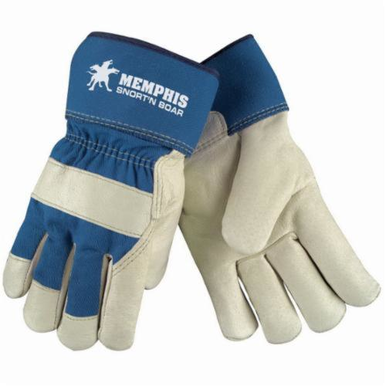 Memphis 1925WL Snort-N-Boar® 1925W Premium Grade General Purpose Gloves, Leather Palm, Gunn Cut/Standard Finger/Wing Thumb Style, L, Grain Pigskin Leather Palm, Grain Pigskin Leather, Beige/Blue Fabric/White Logo, Rubberized Safety Cuff, Resists: Cold