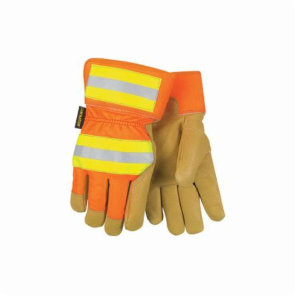 Memphis 19261M Luminator® 19261 Insulated General Purpose Gloves, Leather Palm, Gunn Cut/Standard Finger/Wing Thumb Style, M, Pigskin Leather Palm, Cotton Thread/Leather/Nylon Vented/Polyester, Gold/Hi-Viz Orange Fabric, Safety Cuff, Thermosock® Lining