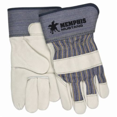 Memphis 1935S Mustang 1935 Premium Grade General Purpose Gloves, Leather Palm, Gunn Cut/Standard Finger/Wing Thumb Style, S, Cowhide Leather Palm, Cowhide Leather, Beige/Blue/Red/Black Fabric/Black Logo, Rubberized Safety Cuff, Fleece Lining